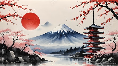 Minimalist Japanese Ink Paint Art: Mount Fuji, Cherry Blossoms, Red Sun, and Pagoda