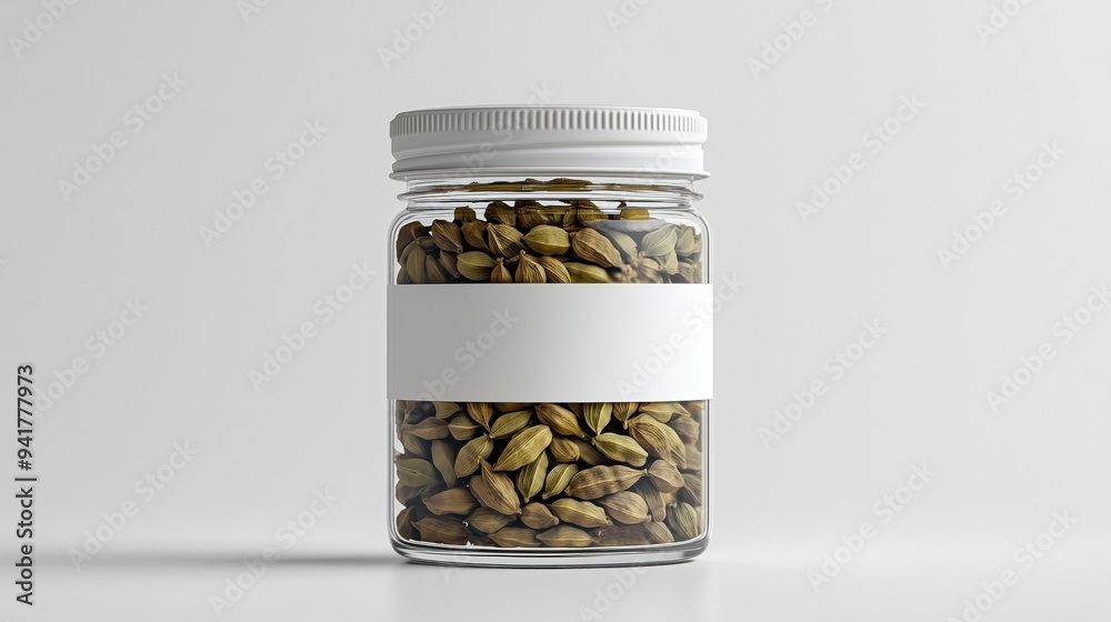 A glass jar of cardamom isolated on a white background A glass jar of cardamom isolated on a white background