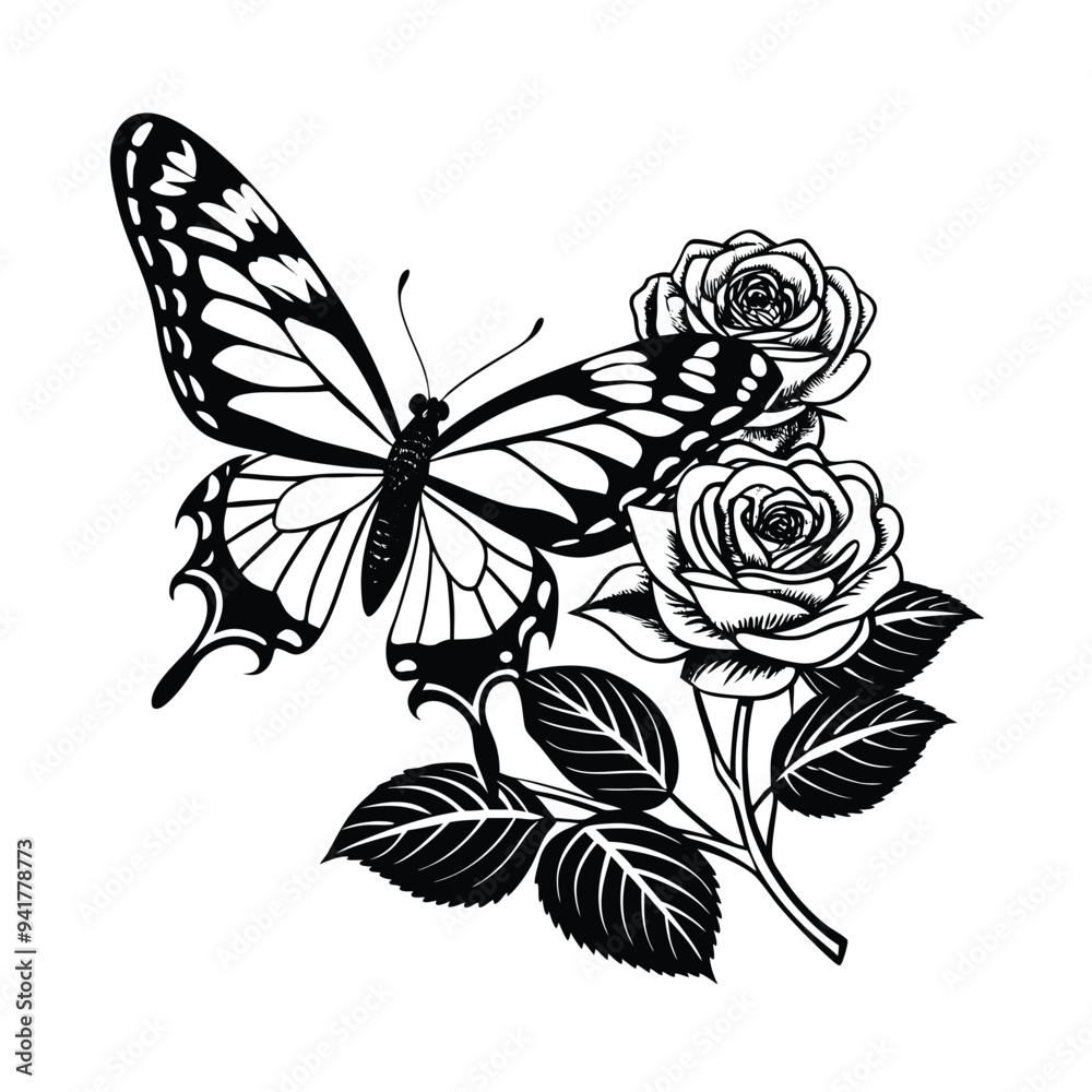 Obraz premium Silhouette of a rose flower with butterfly on a white background