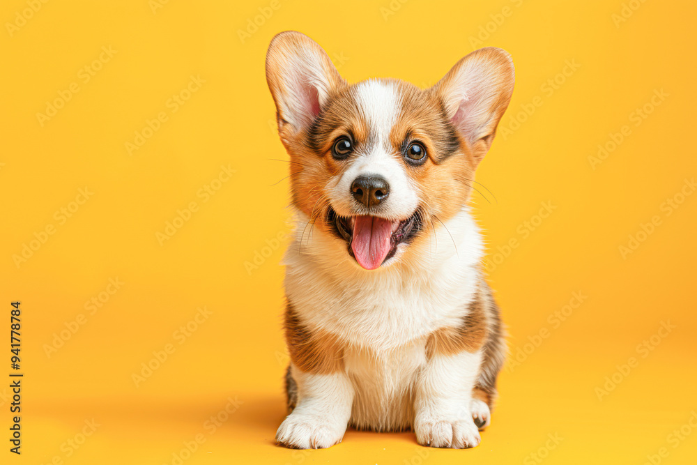 Adorable Welsh Puppy in Studio with Bright Light, Happy Expression, Yellow Background Adorable Welsh Puppy in Studio with Bright Light, Happy Expression, Yellow Background
