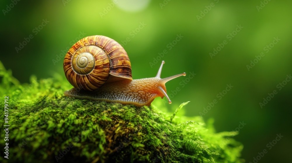Professional photo close up of a snail on mossy wood , minimalist, bold color Professional photo close up of a snail on mossy wood , minimalist, bold color