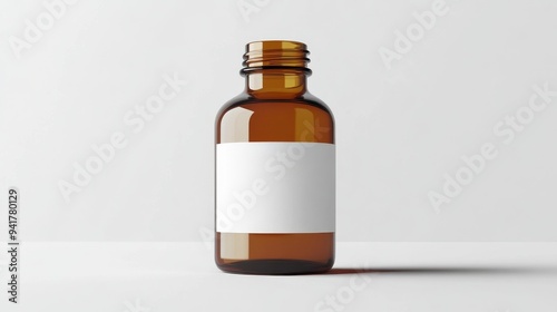 Amber Glass Bottle with Blank White Label Mockup.