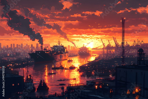 Wallpaper Mural A bustling industrial port at sunset, with large cargo ships docked, cranes unloading containers, and workers in high-visibility vests handling logistics. Ideal for jobs related to transportation. Torontodigital.ca