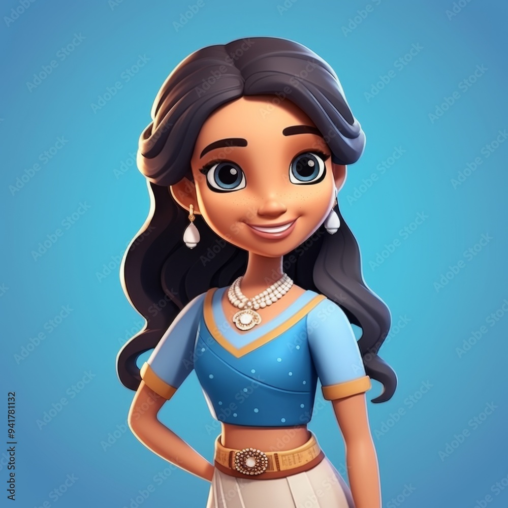 Vibrant 3D Cartoon Portrait of Smiling Young Indian Woman in Traditional Attire on Blue Background. Cultural Expression and Diversity Concept for Marketing Campaigns, Web Templates, and Seasonal Promo Vibrant 3D Cartoon Portrait of Smiling Young Indian Woman in Traditional Attire on Blue Background. Cultural Expression and Diversity Concept for Marketing Campaigns, Web Templates, and Seasonal Promo