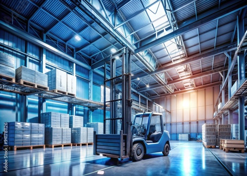 Industrial Symphony: Forklift and warehouse intertwined, metallic hues, blue and gray accents, technical precision, industrial atmosphere photo