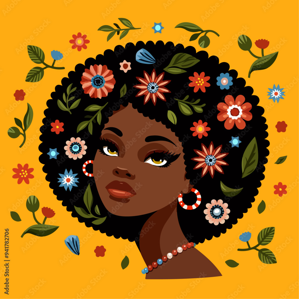 vector illustration of beautiful black woman with flowers in her hair