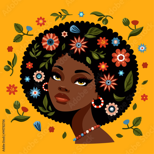 vector illustration of beautiful black woman with flowers in her hair