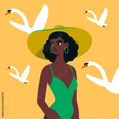 vector illustration of black woman wearing hat with white swans flying
