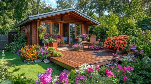 Fototapeta Naklejka Na Ścianę i Meble -  A cozy garden house with a wooden deck, surrounded by colorful flowers, and open space for text