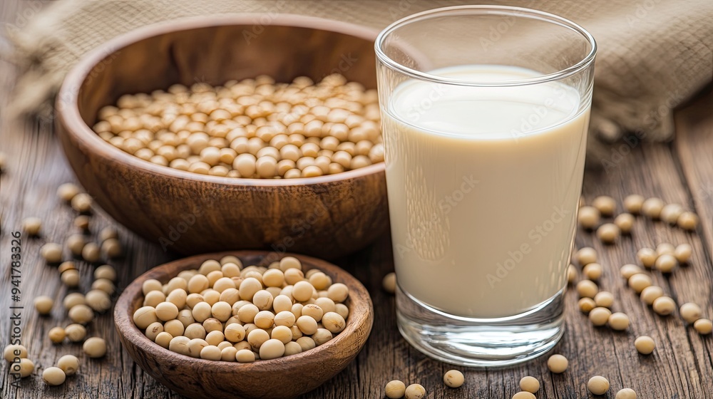 Closeup of soy beans in wooden bowl with soy milk in glass Closeup of soy beans in wooden bowl with soy milk in glass