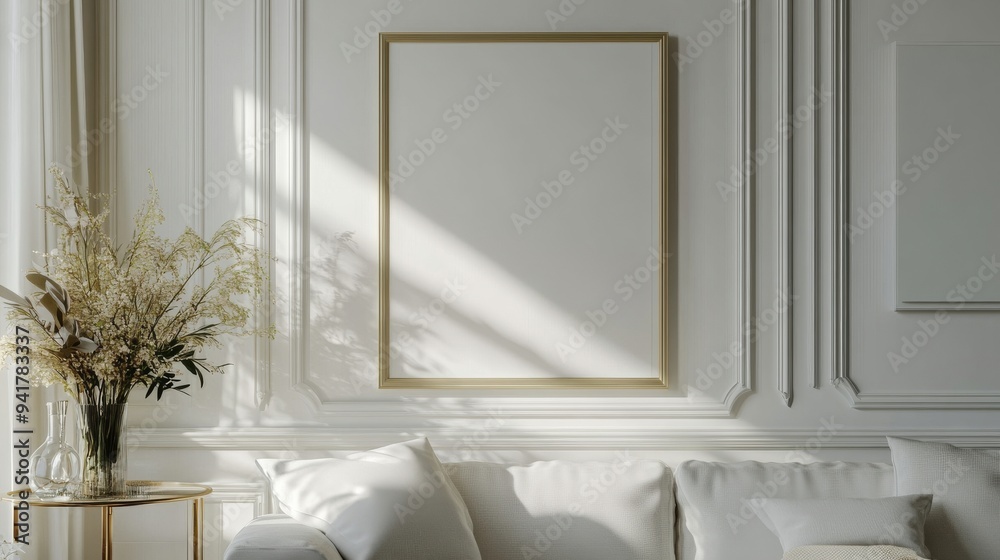 Fototapeta premium Minimalist Living Room with Gold Frame Mockup.