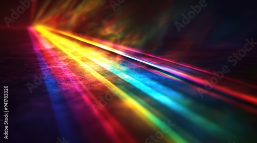 Illustration of light dispersion through a prism, creating a colorful spectrum of light on a dark background. A scientific and artistic image.