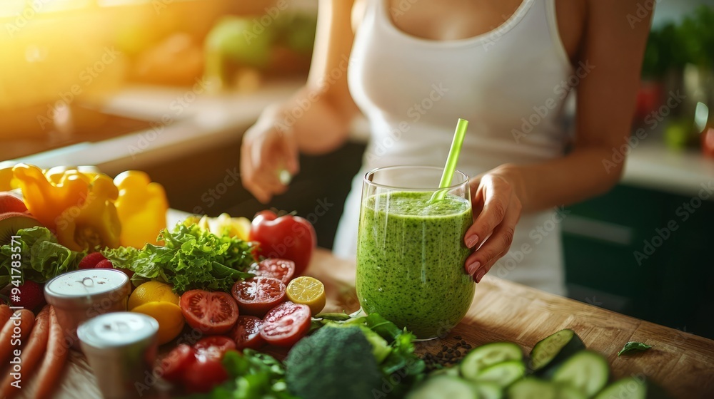 Woman preparing a healthy green smoothie surrounded by fresh vegetables and fruits Woman preparing a healthy green smoothie surrounded by fresh vegetables and fruits