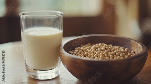 Closeup of soy beans in wooden bowl with soy milk in glass --ar 16:9 --v 6.1 Job ID: 1f8dc2ea-93ff-45a7-89a3-186282fafea6