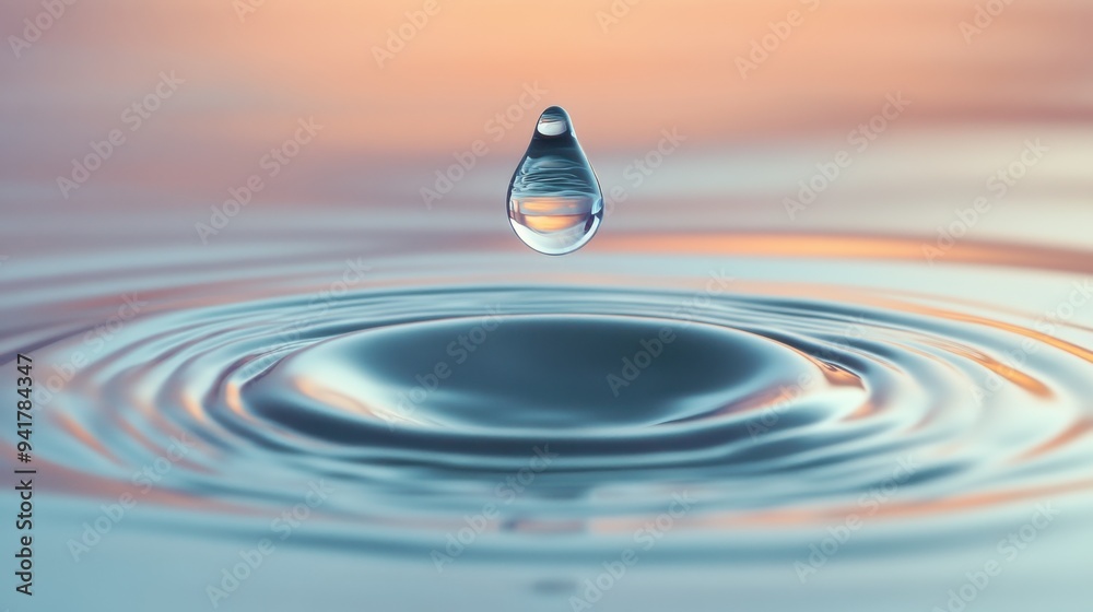 A single water droplet suspended in mid-air, reflecting light and showing perfect symmetry. The background is softly blurred. A single water droplet suspended in mid-air, reflecting light and showing perfect symmetry. The background is softly blurred.