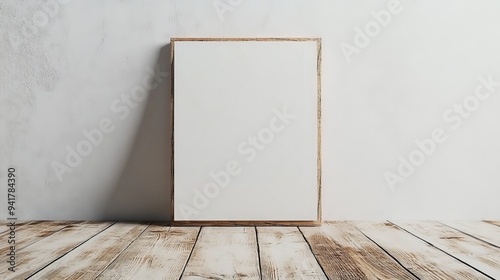 White Wall Wooden Floor Blank Frame Minimalist Composition A Simple Canvas for Your Imagination photo