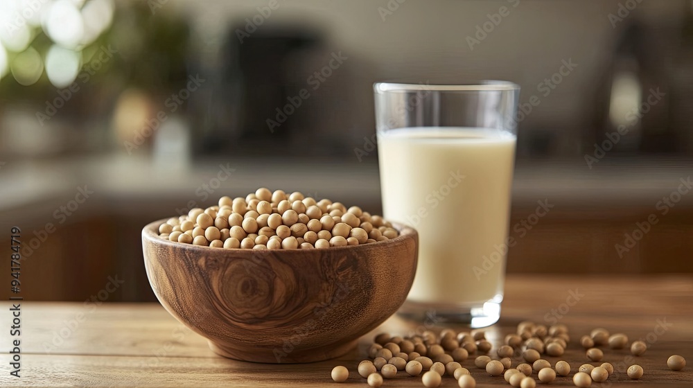 Closeup of soy beans in wooden bowl with soy milk in glass --ar 16:9 --v 6.1 Job ID: 5e825b65-6b35-42d8-85f5-c1dbfaf71c7d Closeup of soy beans in wooden bowl with soy milk in glass --ar 16:9 --v 6.1 Job ID: 5e825b65-6b35-42d8-85f5-c1dbfaf71c7d