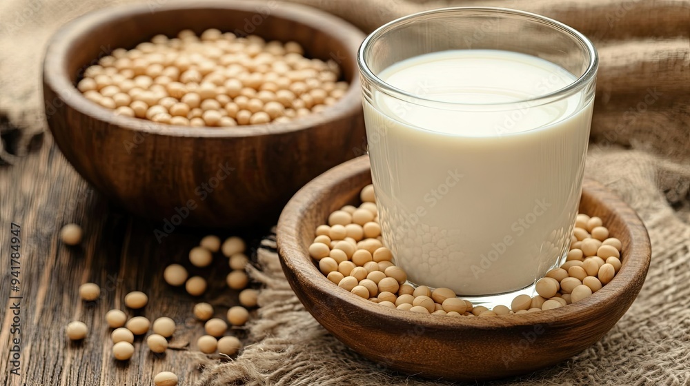 Closeup of soy beans in wooden bowl with soy milk in glass Closeup of soy beans in wooden bowl with soy milk in glass