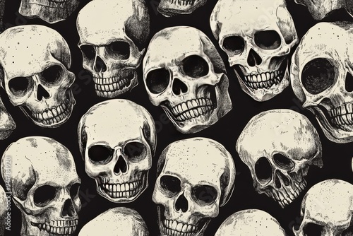Pattern of assorted skulls without breaks. Eerie layout.