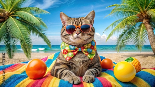 A playful cat wearing sunglasses and a Hawaiian shirt lounges on a colorful beach towel, surrounded by tropical fruits and a beach ball, exuding relaxed vibes. photo