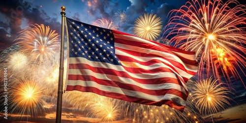 American Flag Waving with Fireworks Display, 4th of July, Independence Day, Patriotic, USA