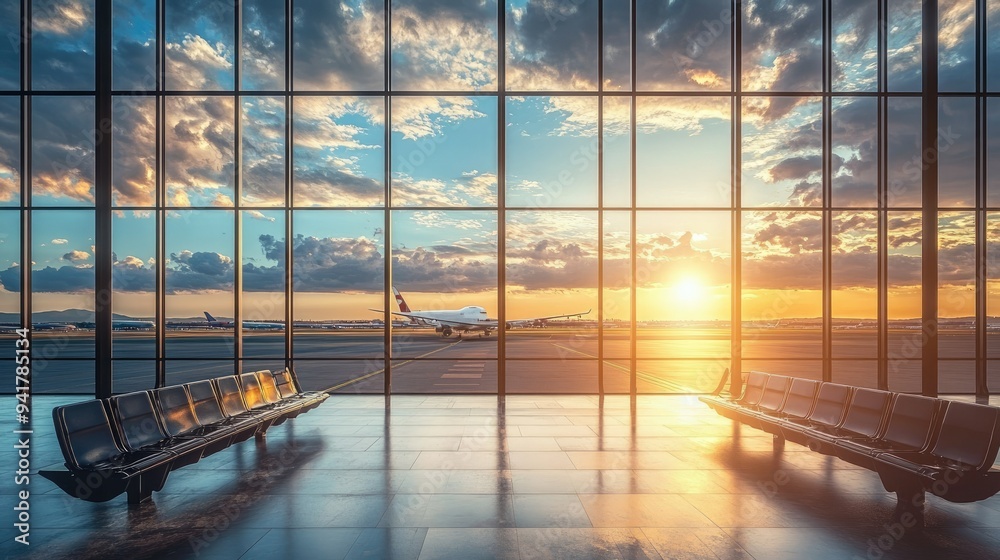 A deserted airport gate with an expansive view of the runway through large glass windows, offering plenty of copy space. A deserted airport gate with an expansive view of the runway through large glass windows, offering plenty of copy space.