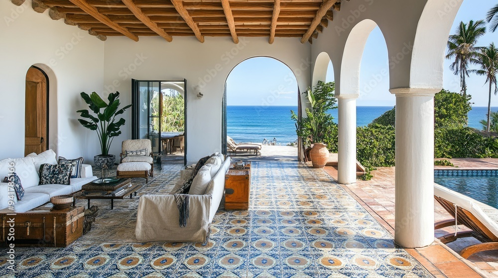 Fototapeta premium Charming coastal European beach house with a tiled copy floor and scenic ocean views.