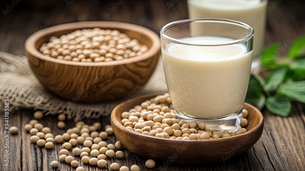 Closeup of soy beans in wooden bowl with soy milk in glass Closeup of soy beans in wooden bowl with soy milk in glass