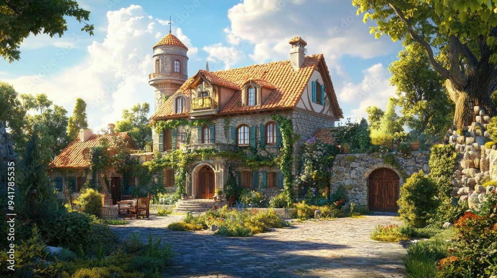 Fototapeta premium Charming European mansion with a sunlit copy floor, nestled in a picturesque village with scenic views.