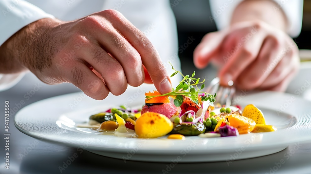 Chef’s Hand Plating a Gourmet Dish: A chef's hand carefully arranging a gourmet dish on a plate, with vibrant food colors popping against a white background.
Chef’s Hand Plating a Gourmet Dish: A chef's hand carefully arranging a gourmet dish on a plate, with vibrant food colors popping against a white background.
