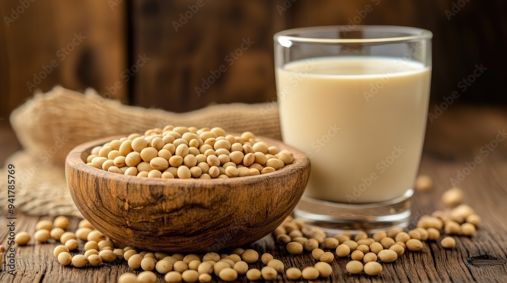Closeup of soy beans in wooden bowl with soy milk in glass Closeup of soy beans in wooden bowl with soy milk in glass
