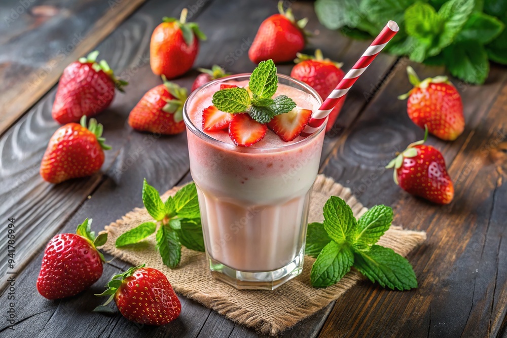 A refreshing blend of sweet strawberries and creamy ice, garnished with a sprig of mint, served in a tall glass with a colorful straw. A refreshing blend of sweet strawberries and creamy ice, garnished with a sprig of mint, served in a tall glass with a colorful straw.