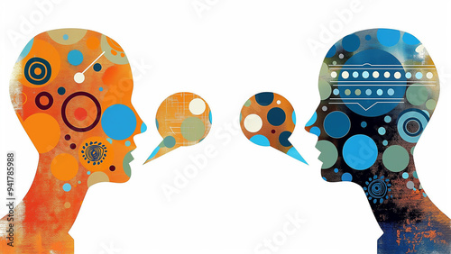 Illustration of two figures facing each other with talking bubbles above, symbolizing an ongoing conversation. For communication or discussions.