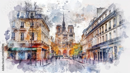 Fototapeta Naklejka Na Ścianę i Meble -  Watercolor Painting of a Parisian Street Scene.