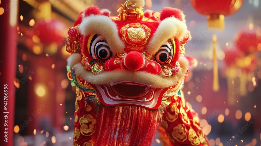 Fototapeta premium Ornate red and gold Chinese lion dance puppet performs during the Lunar New Year celebration with glowing lanterns in the background.