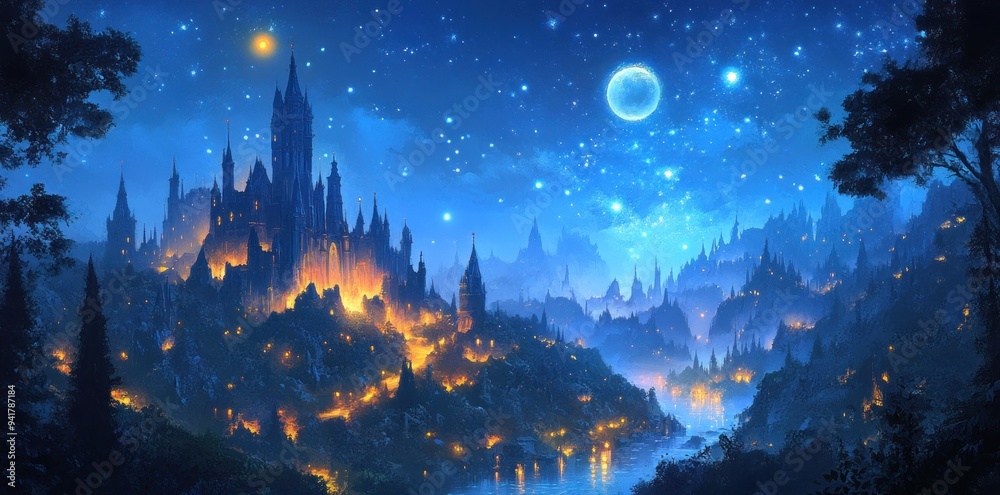 Naklejka premium A Fantasy Castle Town Under a Starry Night Sky
