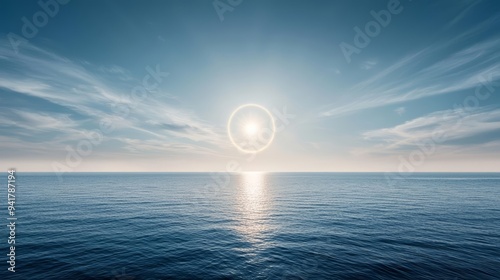 Bright sun with a glowing halo ring above a vast sea, minimalist sky with soft clouds, atmospheric optical illusion