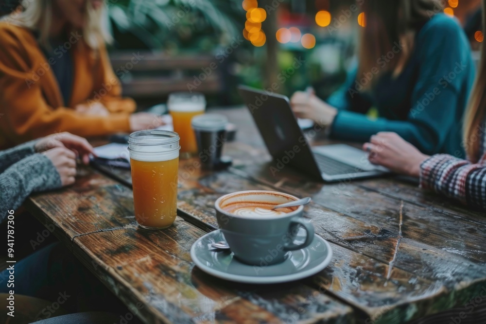 Cozy Outdoor Coffee Shop Meeting with Laptops and Drinks Cozy Outdoor Coffee Shop Meeting with Laptops and Drinks