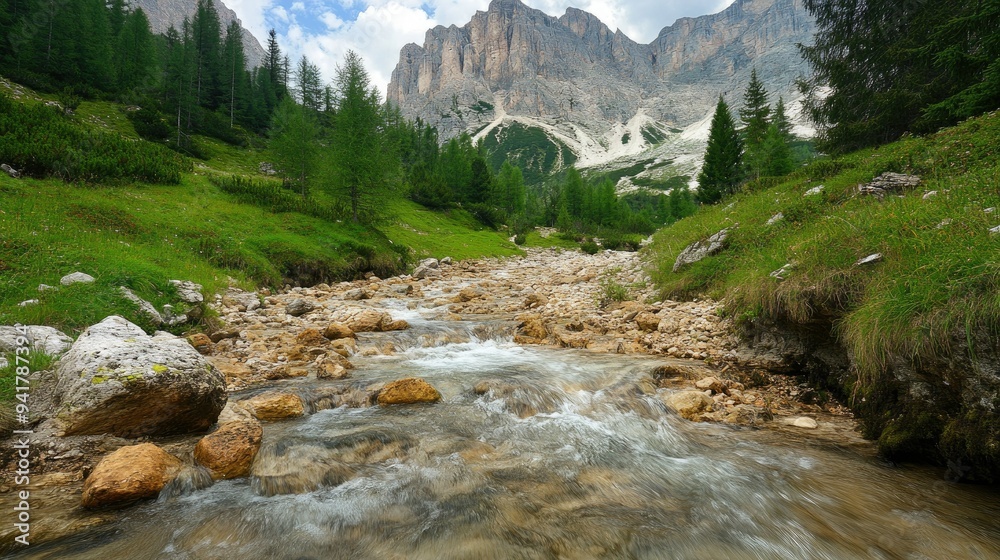 A gently flowing stream in the Dolomites, Italy, with rugged cliffs and plenty of room for copy A gently flowing stream in the Dolomites, Italy, with rugged cliffs and plenty of room for copy