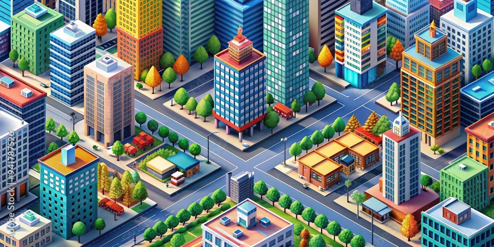 Obraz premium Isometric Metropolis: Bird's-eye perspective, geometric buildings, vibrant streets