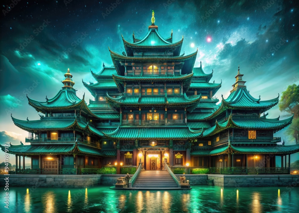 Fototapeta premium Jade Dragon Palace: Mythical, otherworldly, deep teal, luminescent, grandiose