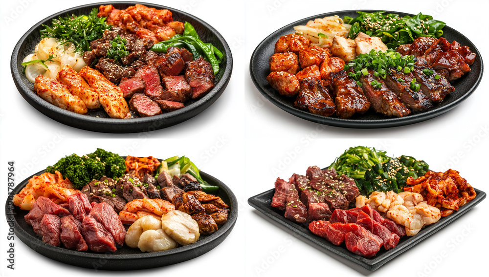 Korean barbecue plate with meat and vegetables, isolated on a white background Korean barbecue plate with meat and vegetables, isolated on a white background