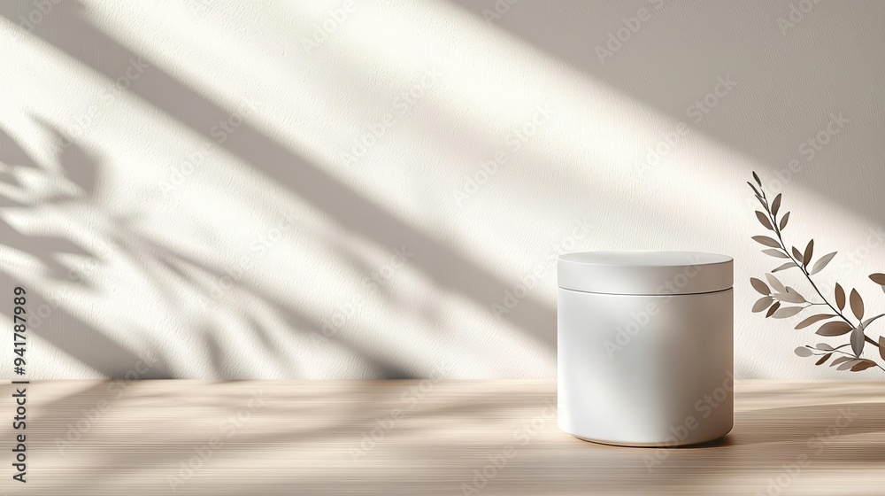 Simple white container on a natural wood surface, light filtering through the window creating soft shadows, modern decor Simple white container on a natural wood surface, light filtering through the window creating soft shadows, modern decor