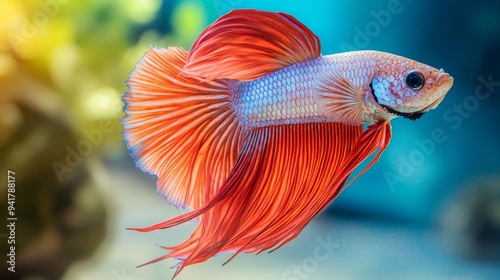 Striking Betta fish with long, flowing fins, highlighted in a brilliantly colorful, immersive underwater world