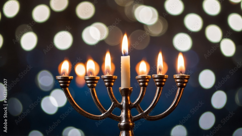 Menorah with burning candles, Hanukkah concept, bokeh background. Menorah with burning candles, Hanukkah concept, bokeh background.