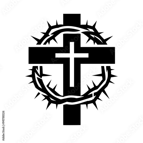 Christian cross with crown of thorns icon. Black silhouette of a Christian cross. Crucifixion of Jesus Christ. Vector illustration