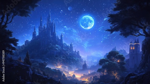 A Majestic Castle Under a Starry Sky with a Full Moon