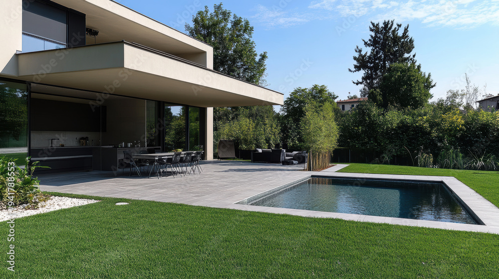 Modern house exterior with a spacious outdoor patio and a rectangular swimming pool, surrounded by lush green lawns. Modern house exterior with a spacious outdoor patio and a rectangular swimming pool, surrounded by lush green lawns.