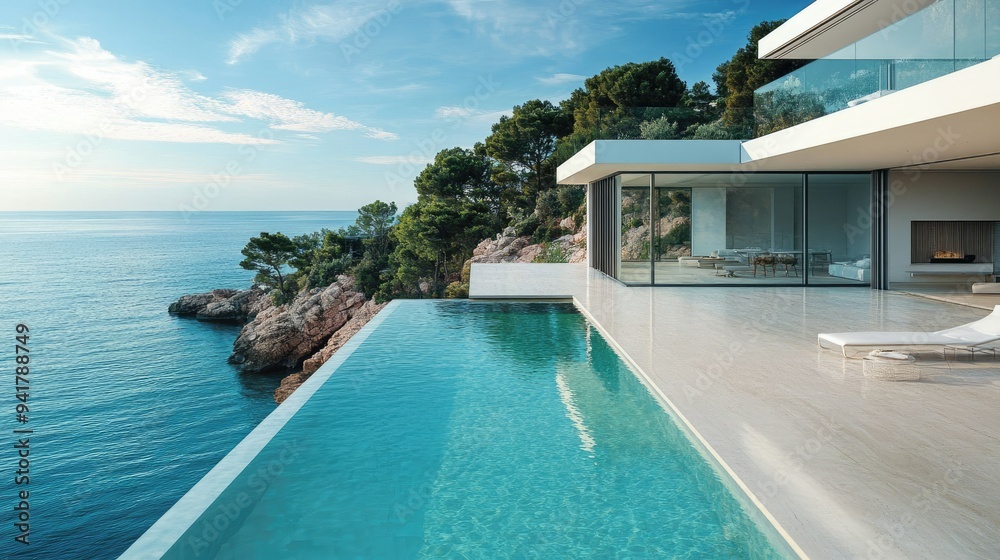 Fototapeta premium Luxury beach house in Europe with a minimalist copy floor and panoramic views of the turquoise waters.