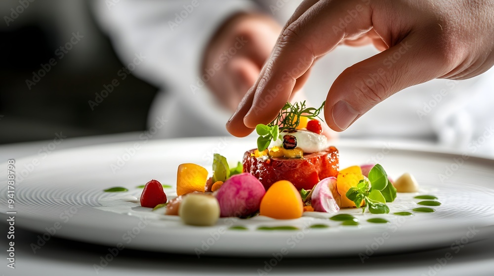 Chef’s Hand Plating a Gourmet Dish: A chef's hand carefully arranging a gourmet dish on a plate, with vibrant food colors popping against a white background.
Chef’s Hand Plating a Gourmet Dish: A chef's hand carefully arranging a gourmet dish on a plate, with vibrant food colors popping against a white background.